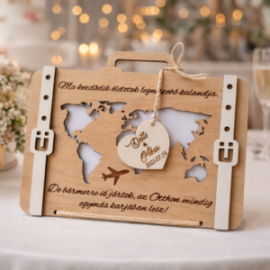 Esküvői pénzátadó – fa bőrönd világtérképpel